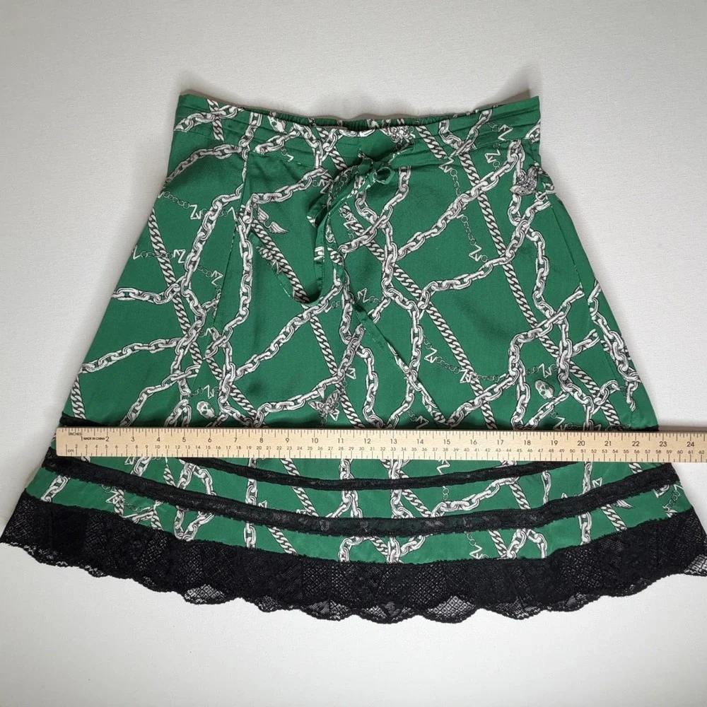Zadig & Voltaire Jaelle Chaines Green Silk Lace Trim Mini‎ Skirt Sz 34 Old Money